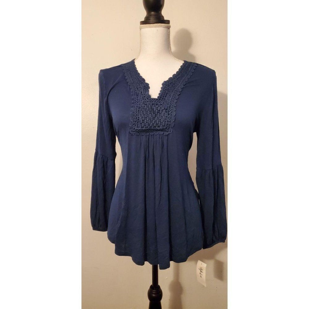 Style + Co Long Sleeve V Neck Ruffled Top Blue